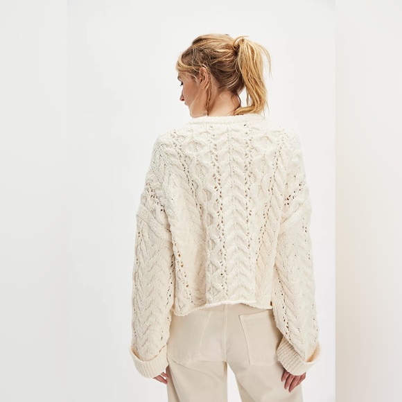 NWT FREE PEOPLE Polly Cable-Knit Sweater | Cream MSRP $148 XS Oversized CURRENT - Picture 3 of 9
